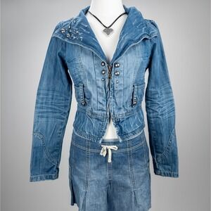 Y2K‎ Cropped Studded Denim Jacket - Grunge Moto Fitted Jean Coat